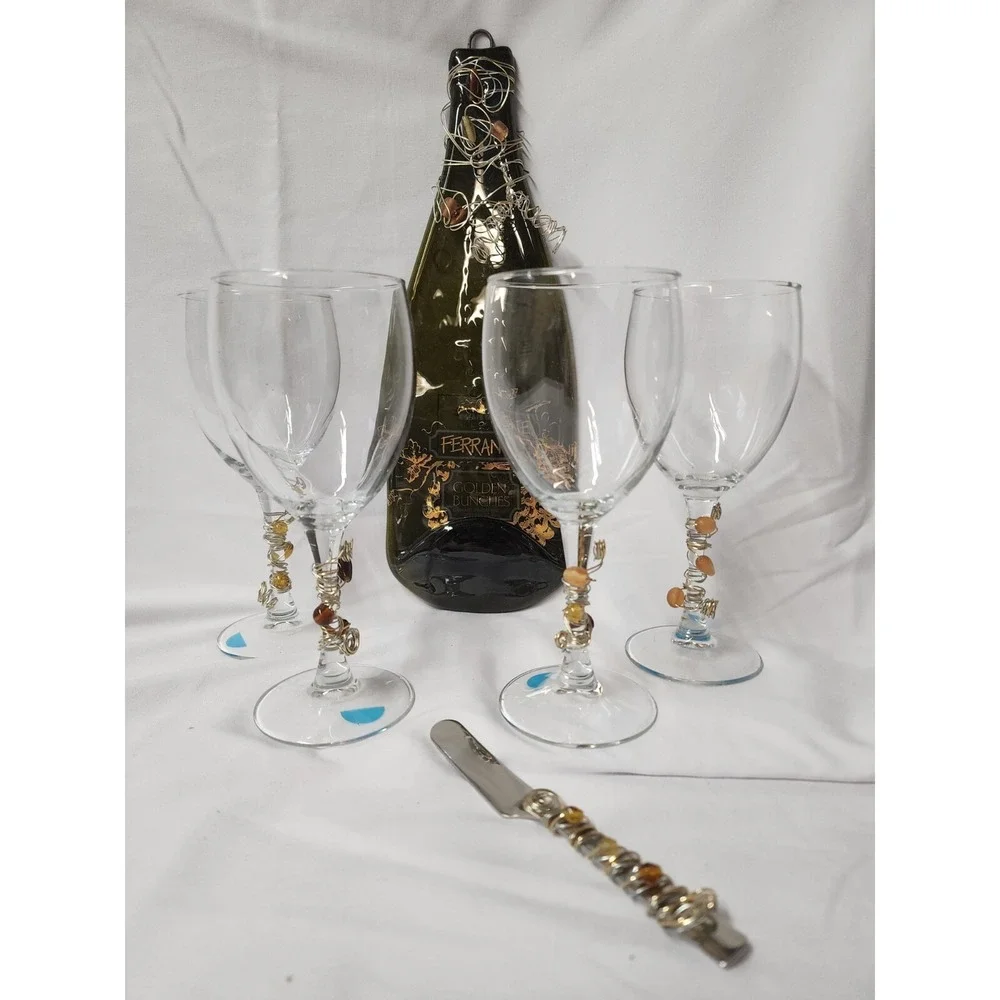 Flat Melted  Beaded Ferranti  Wine Bottle Cheese/Bread Board Knife 4 Glasses